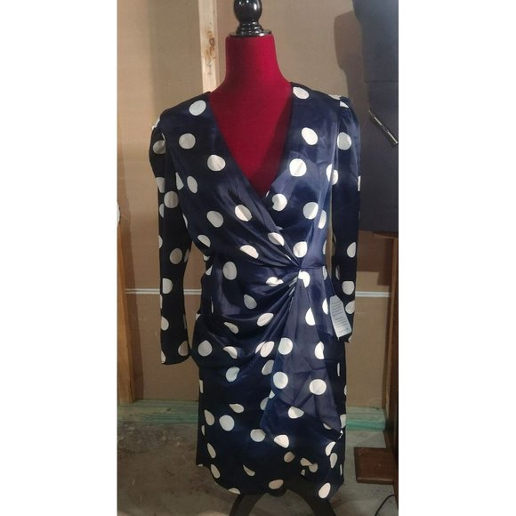 London Times Petites Navy w/ White Polka Dots Layer Sheath Dress Zipper Back 8P - Picture 1 of 7